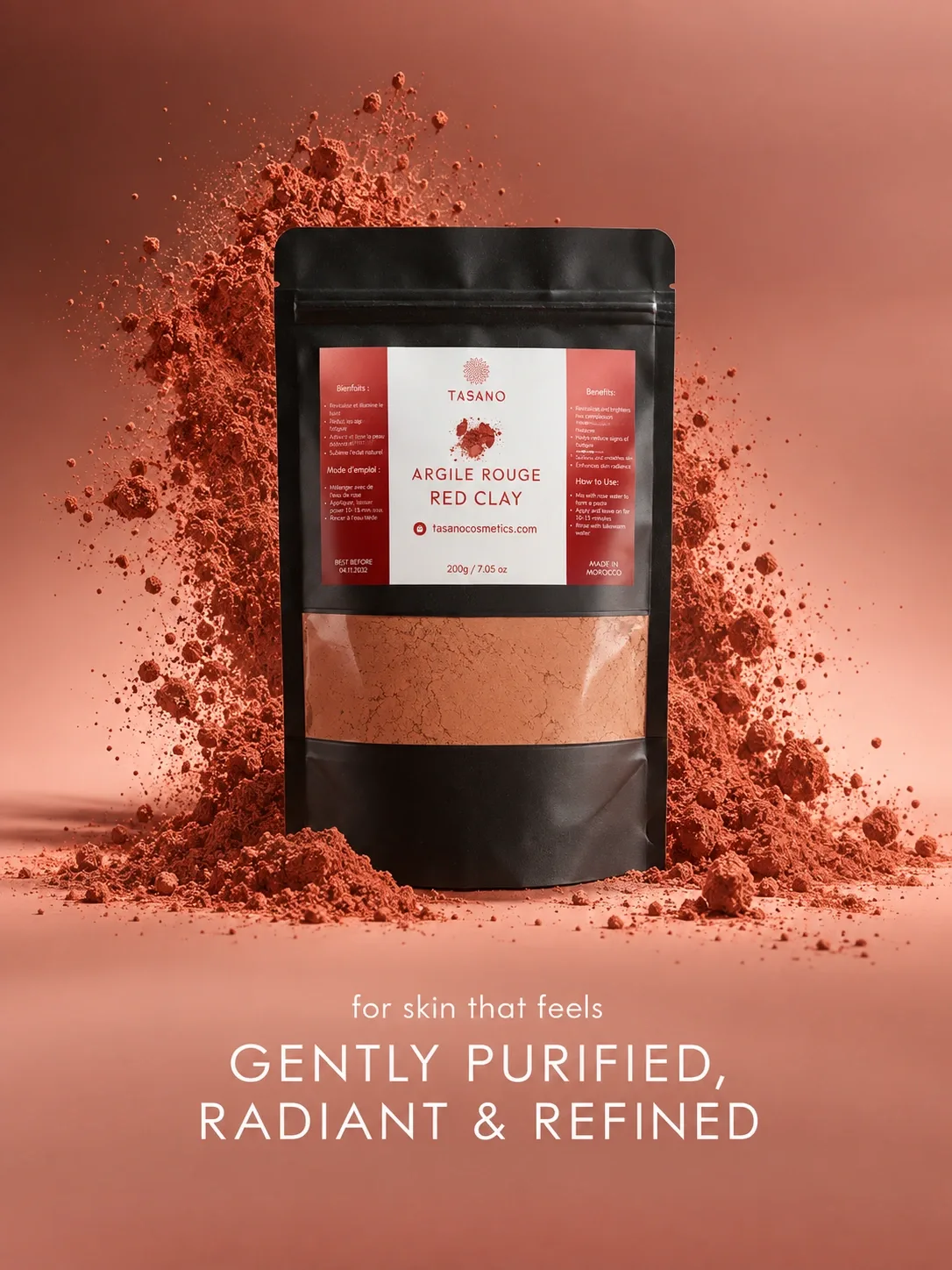 TASANO Moroccan Red Clay powder for oily dull skin, visible pores and naturally radiant-looking complexion