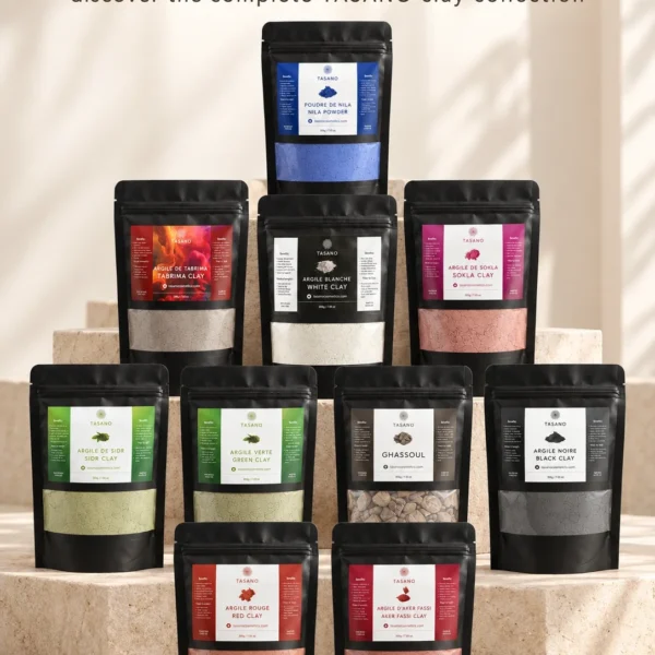 TASANO Moroccan clay mask collection for oily skin, dark spots, pores, dull skin, hair and hammam skincare TASANO Moroccan clay mask collection for oily skin, dark spots, pores, dull skin, hair and hammam skincare