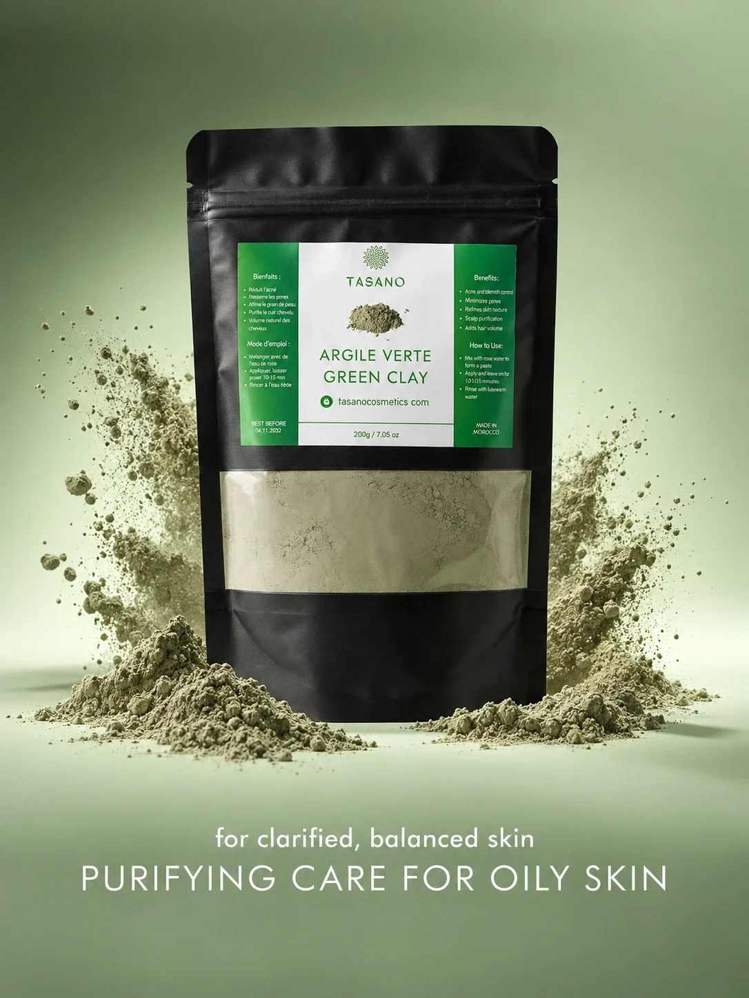 Moroccan Green Clay Mask for oily skin, excess sebum, visible shine and clogged-looking pores