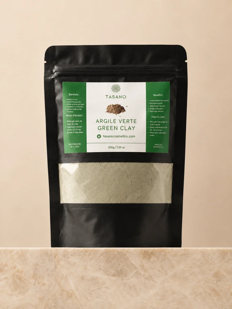 TASANO Moroccan Green Clay Powder 200g face mask for oily skin, pores and excess oil