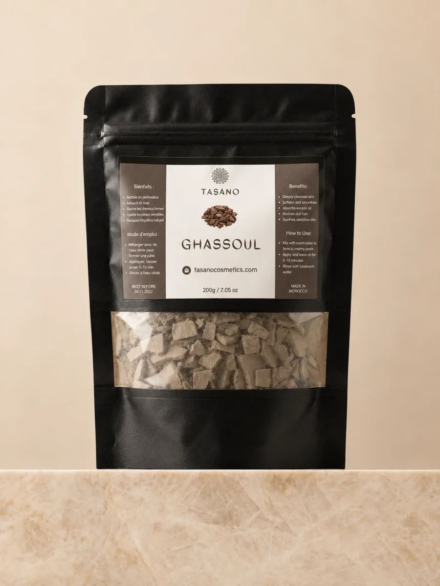 TASANO Moroccan Rhassoul Clay 200g Ghassoul hair and face mask for oily skin and scalp buildup