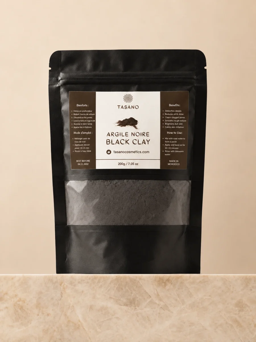 TASANO Moroccan Black Clay Powder 200g purifying face mask for oily skin and clogged pores