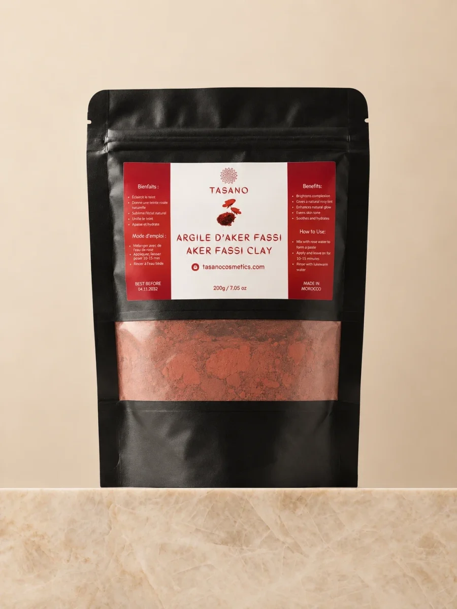 TASANO Moroccan Aker Fassi Clay 200g face mask for dull skin and natural rosy glow