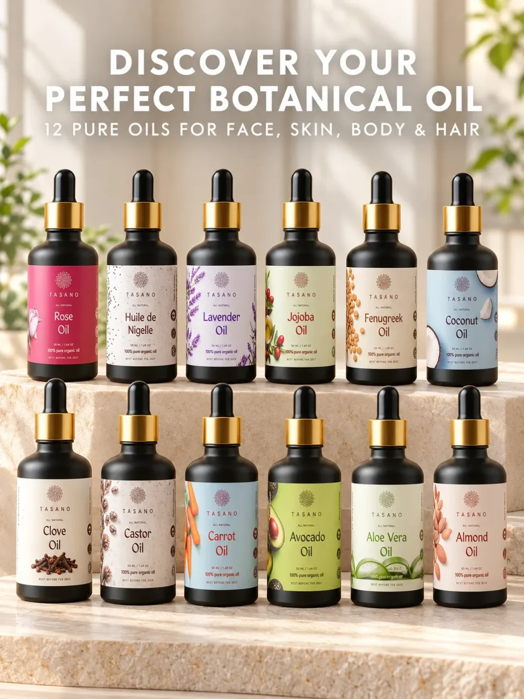 TASANO Botanical Oils Collection | Black Seed, Lavender, Jojoba, Fenugreek and Coconut Oils for skin, hair, scalp and body care
