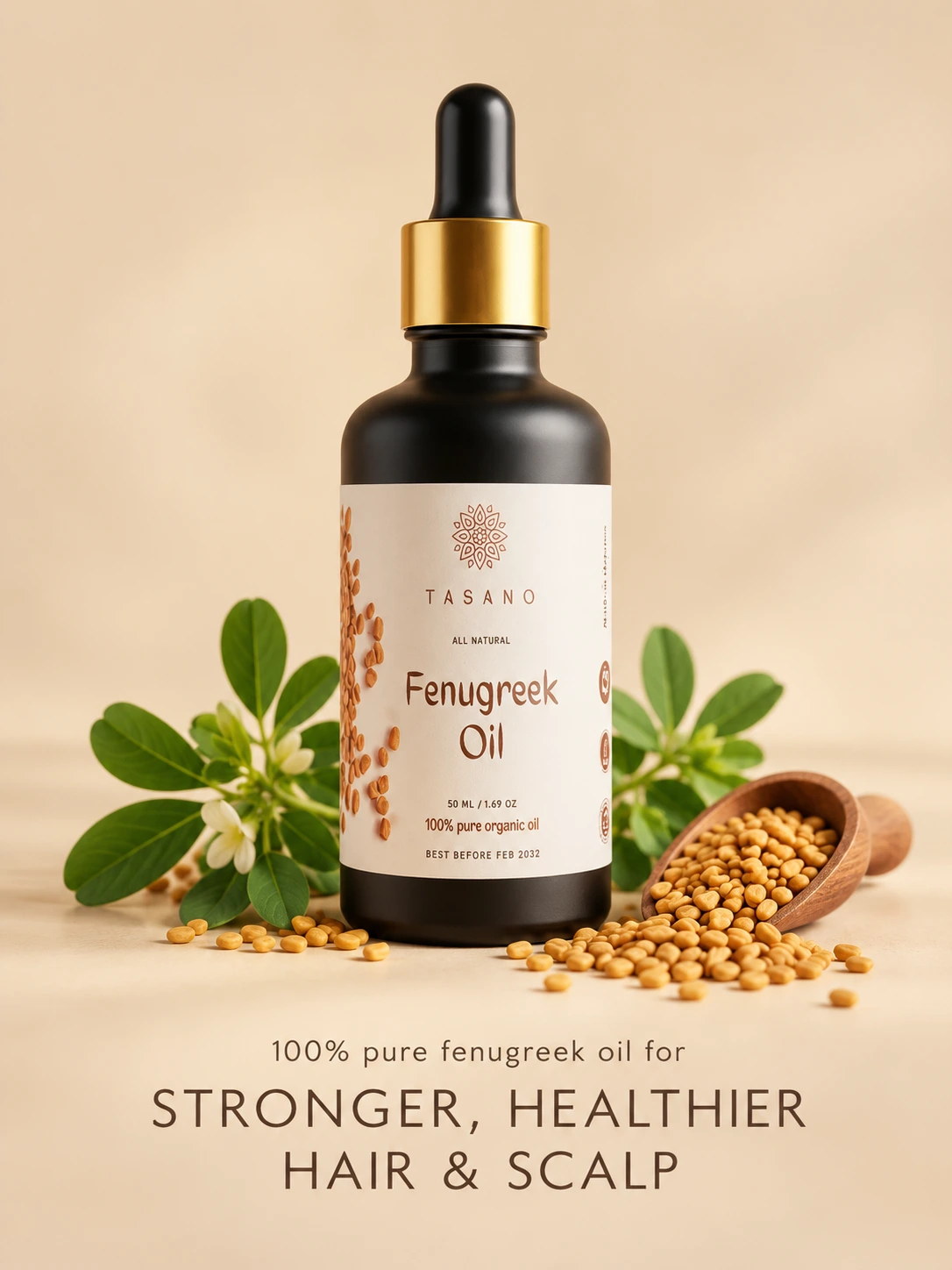 100% pure Fenugreek Oil for hair and scalp care | TASANO strengthening botanical hair oil
