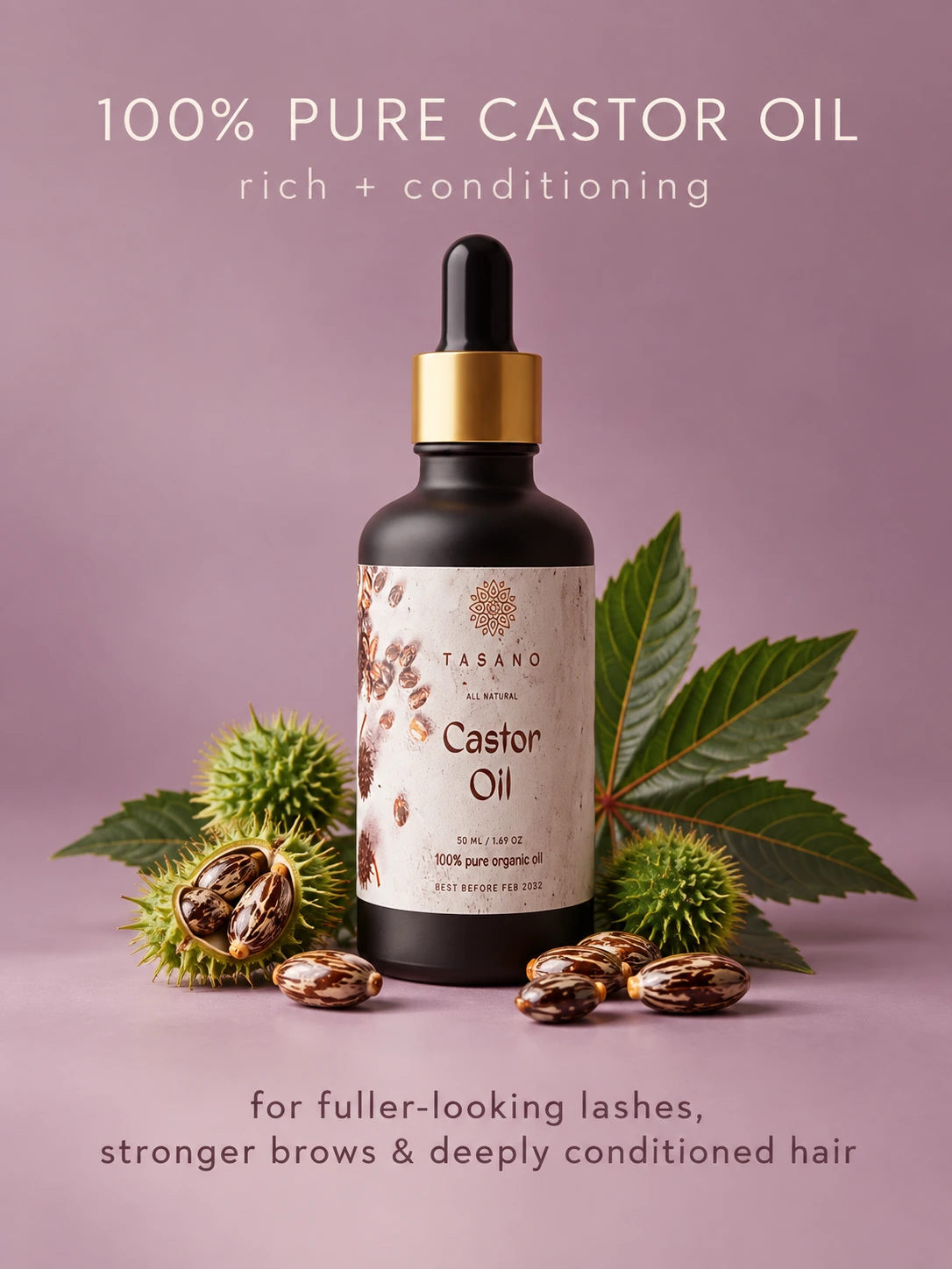 TASANO 100% Pure Castor Oil for Hair, Eyelashes and Brows, rich botanical oil for conditioning and strengthening care