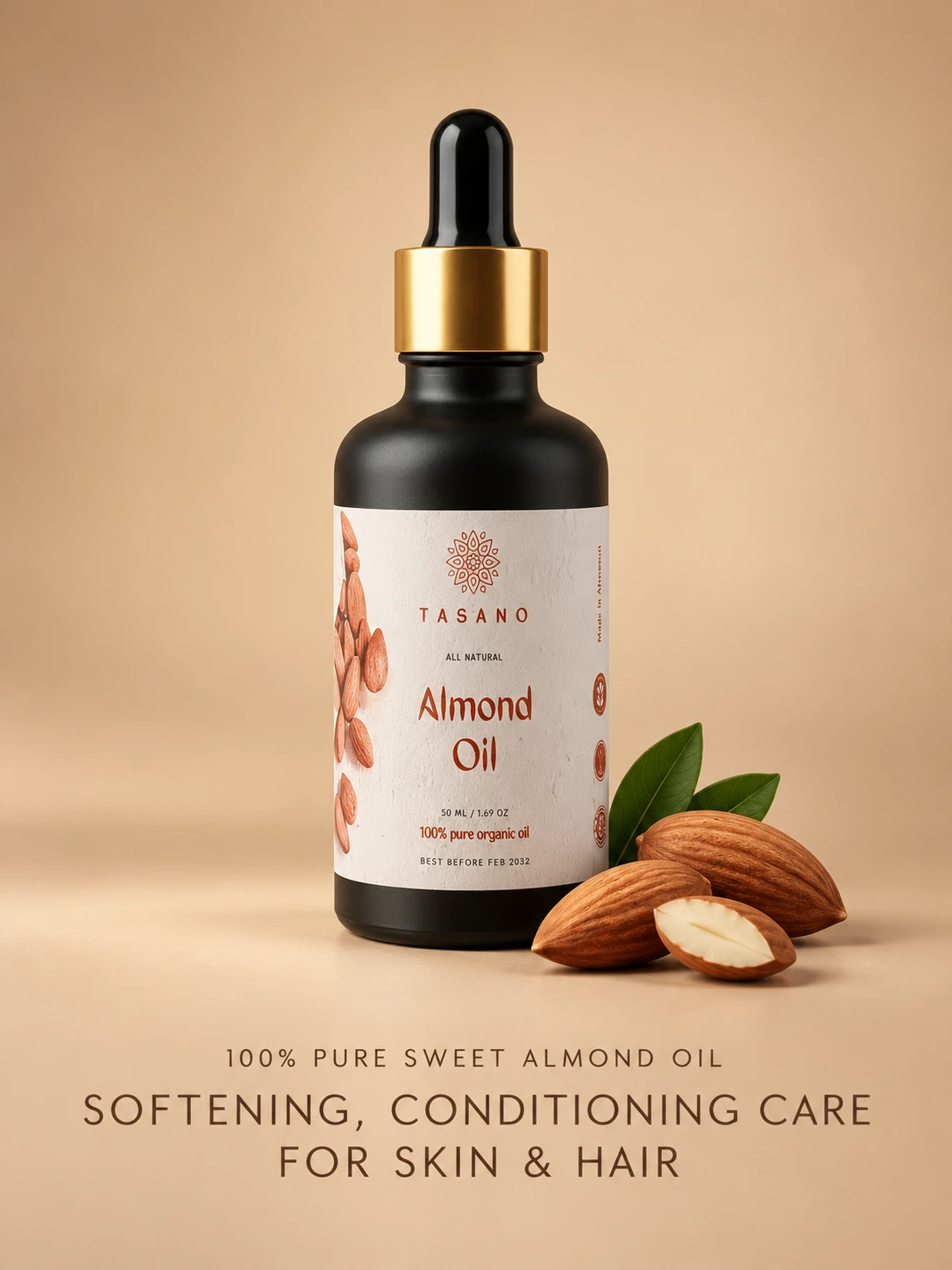 TASANO 100% Pure Sweet Almond Oil for Skin, Hair and Body, moisturizing botanical oil for softness and conditioning