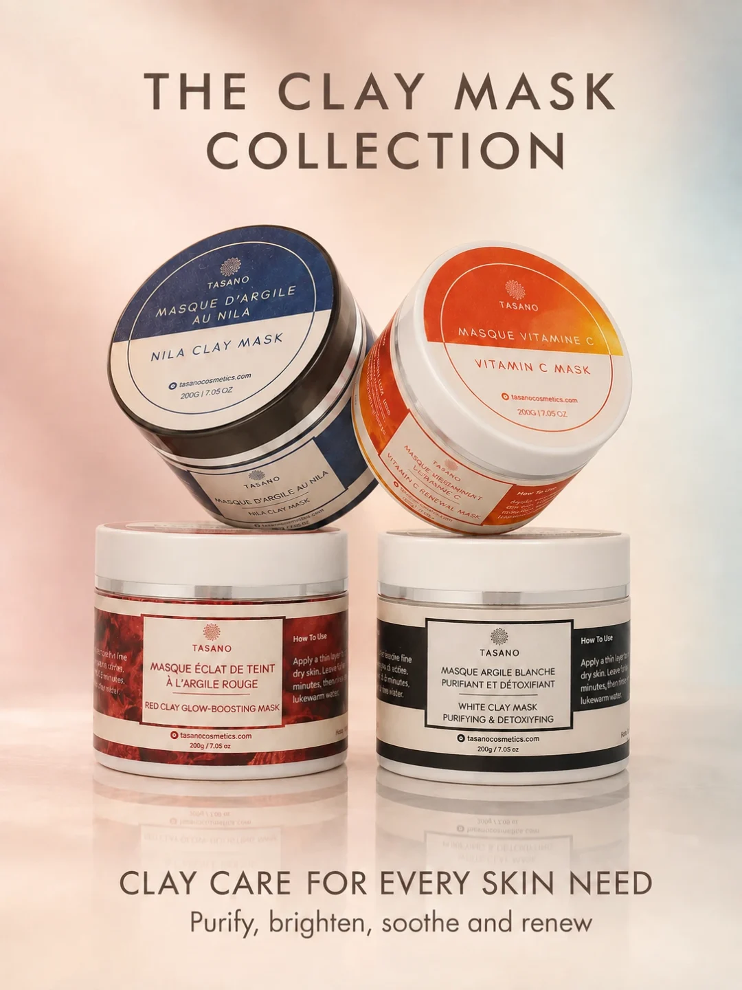 TASANO clay mask collection with Nila, Red Clay, Vitamin C and White Clay face masks for radiant skin