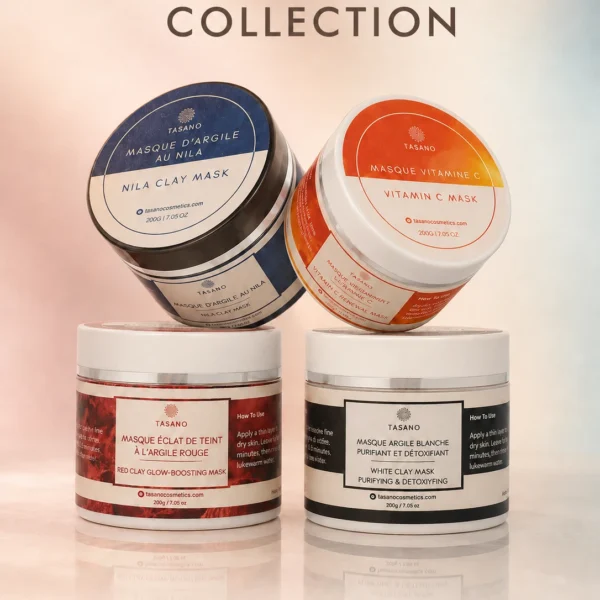 TASANO clay mask collection with Nila, Red Clay, Vitamin C and White Clay face masks for radiant skin