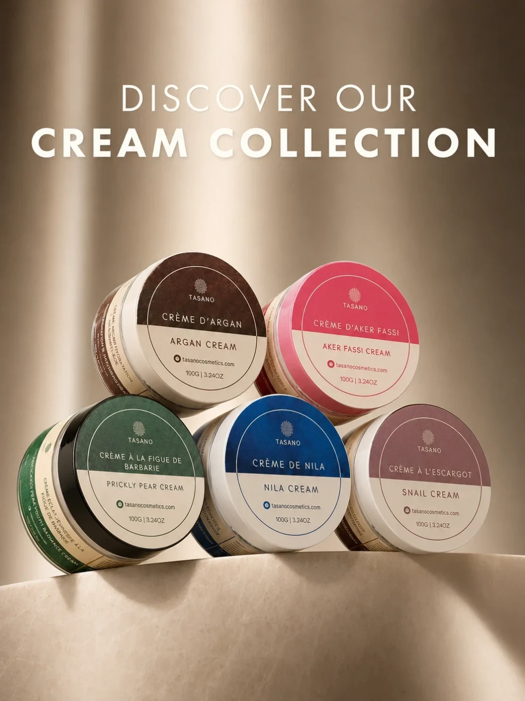 TASANO Moroccan creams collection for hydration, dark spots, anti-aging, foot care, and radiant skin