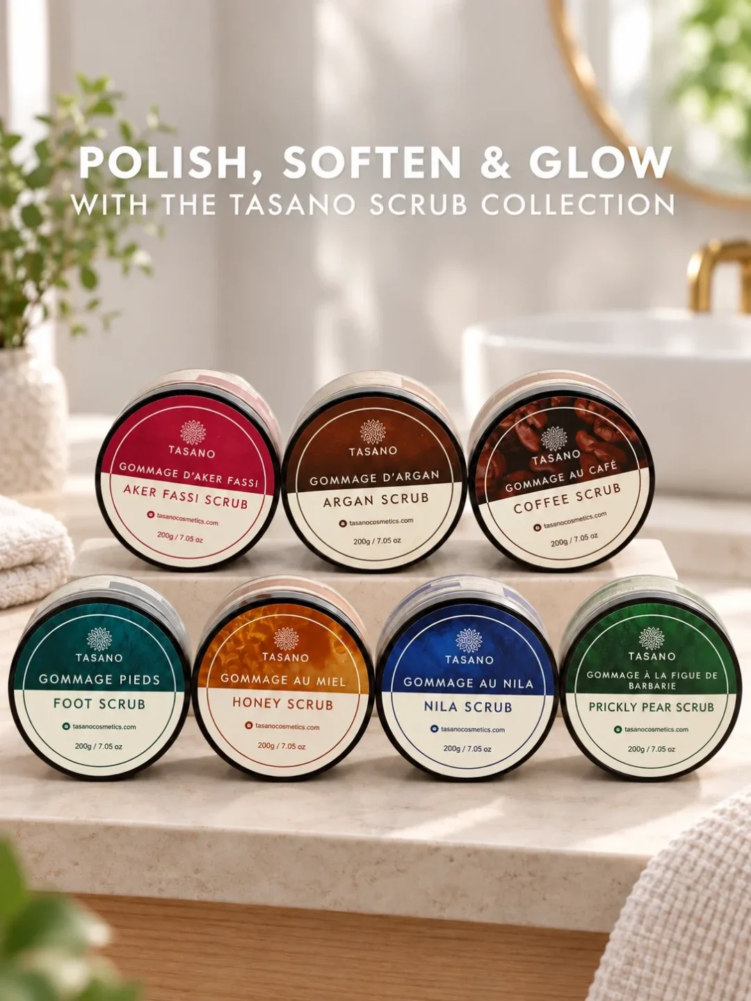TASANO Moroccan body scrub collection with Nila, Coffee, Argan, Aker Fassi, Honey, Foot and Prickly Pear scrubs for exfoliation, smooth skin and radiant-looking skin TASANO Moroccan body scrub collection with Nila, Coffee, Argan, Aker Fassi, Honey, Foot and Prickly Pear scrubs for exfoliation, smooth skin and radiant-looking skin