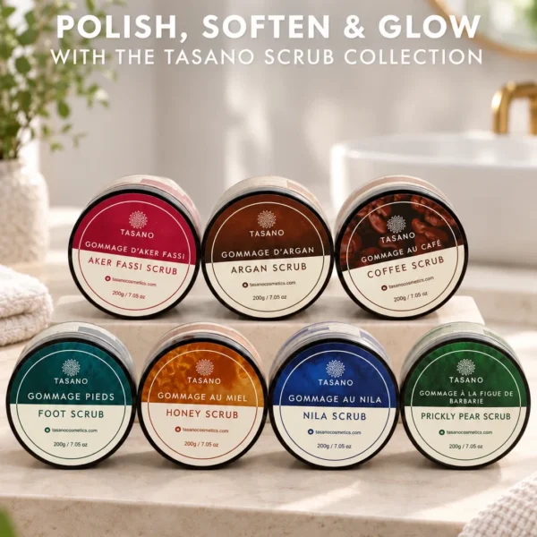 TASANO Moroccan body scrub collection with Nila, Coffee, Argan, Aker Fassi, Honey, Foot and Prickly Pear scrubs for exfoliation, smooth skin and radiant-looking skin TASANO Moroccan body scrub collection with Nila, Coffee, Argan, Aker Fassi, Honey, Foot and Prickly Pear scrubs for exfoliation, smooth skin and radiant-looking skin
