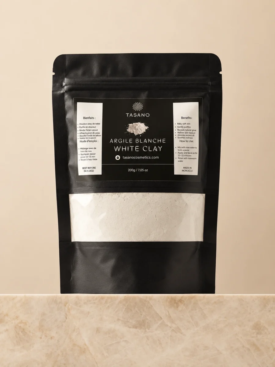 TASANO Moroccan White Clay Powder 200g kaolin face mask for gentle cleansing and oily skin