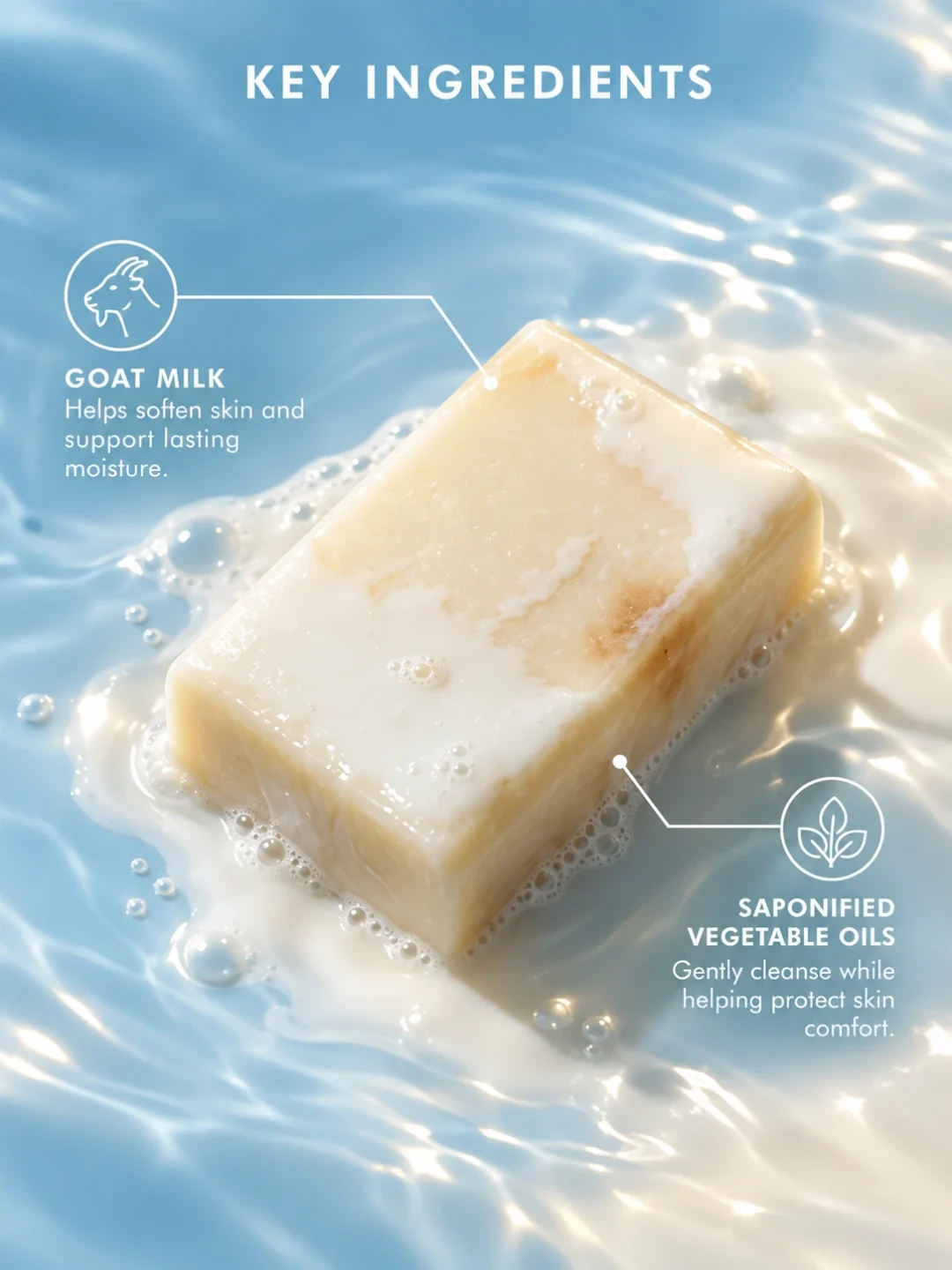 Goat milk soap with goat milk and saponified vegetable oils for dry skin cleansing Goat milk soap with goat milk and saponified vegetable oils for dry skin cleansing
