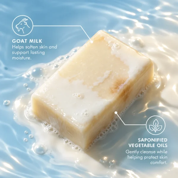 Goat milk soap with goat milk and saponified vegetable oils for dry skin cleansing Goat milk soap with goat milk and saponified vegetable oils for dry skin cleansing