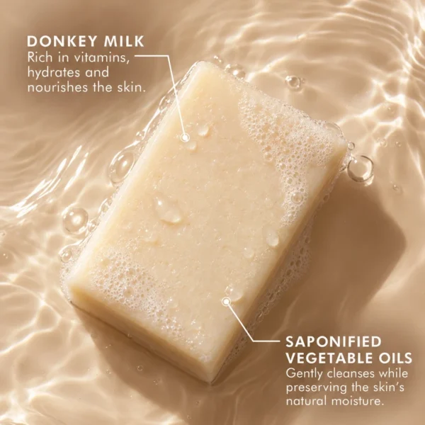 Donkey milk soap with donkey milk and saponified vegetable oils for nourishing skin cleansing