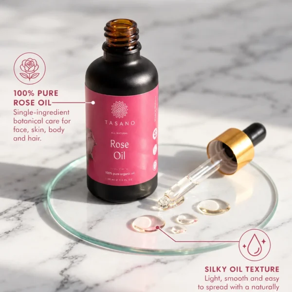 100% pure Rose Oil formula with silky lightweight botanical oil texture | TASANO 100% pure Rose Oil formula with silky lightweight botanical oil texture | TASANO