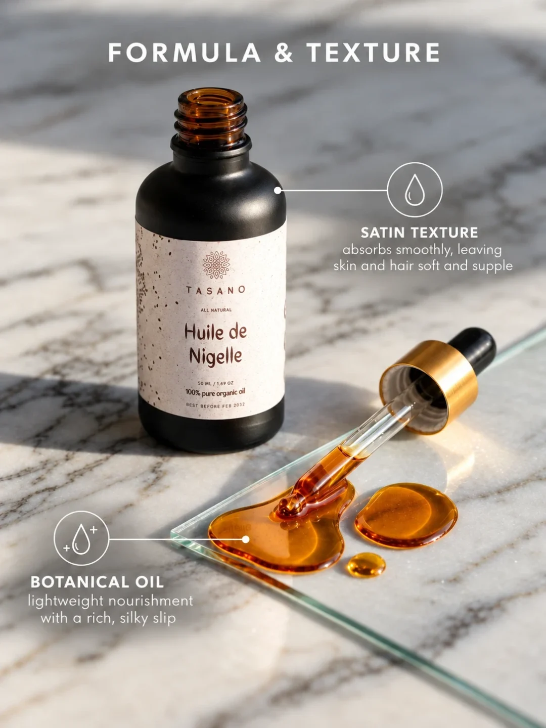 100% pure Black Seed Oil formula with lightweight botanical oil texture | TASANO