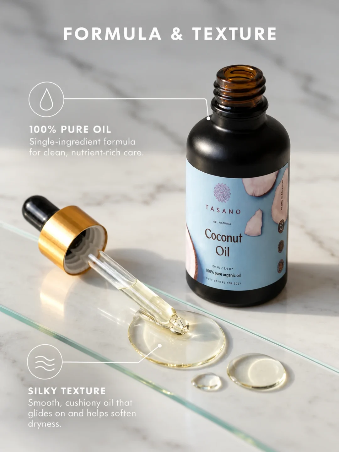 100% pure Coconut Oil formula with rich conditioning oil texture | TASANO