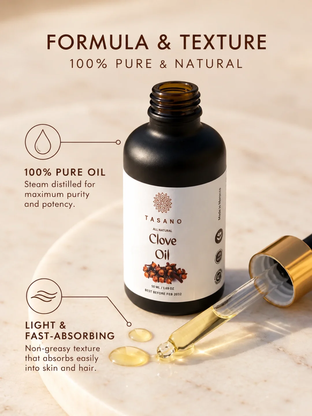 Pure Clove Oil formula and lightweight oil texture for diluted hair, scalp, skin and massage applications