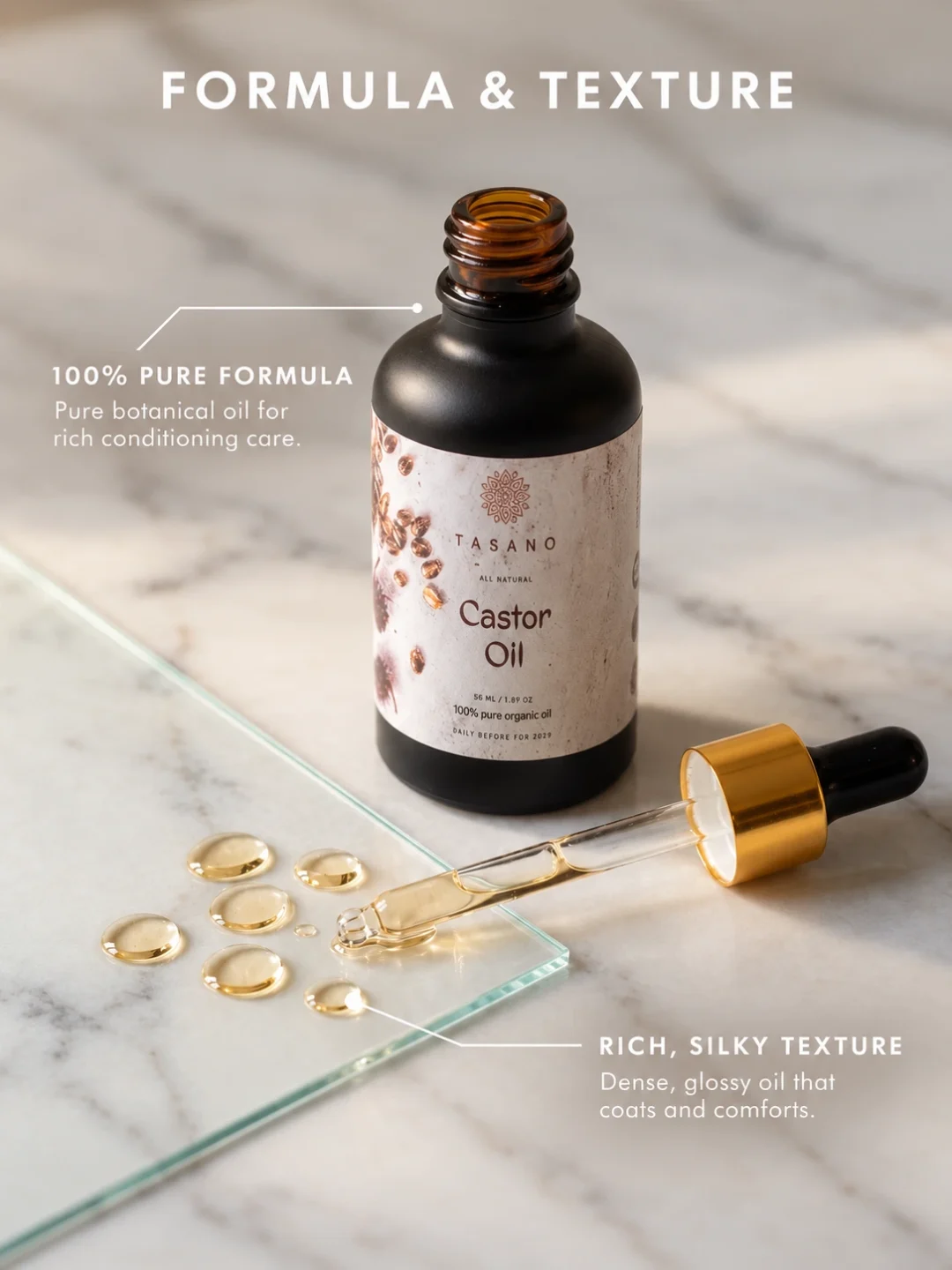 Pure Castor Oil formula with rich viscous texture for intensive hair, scalp, lash, brow and skin conditioning