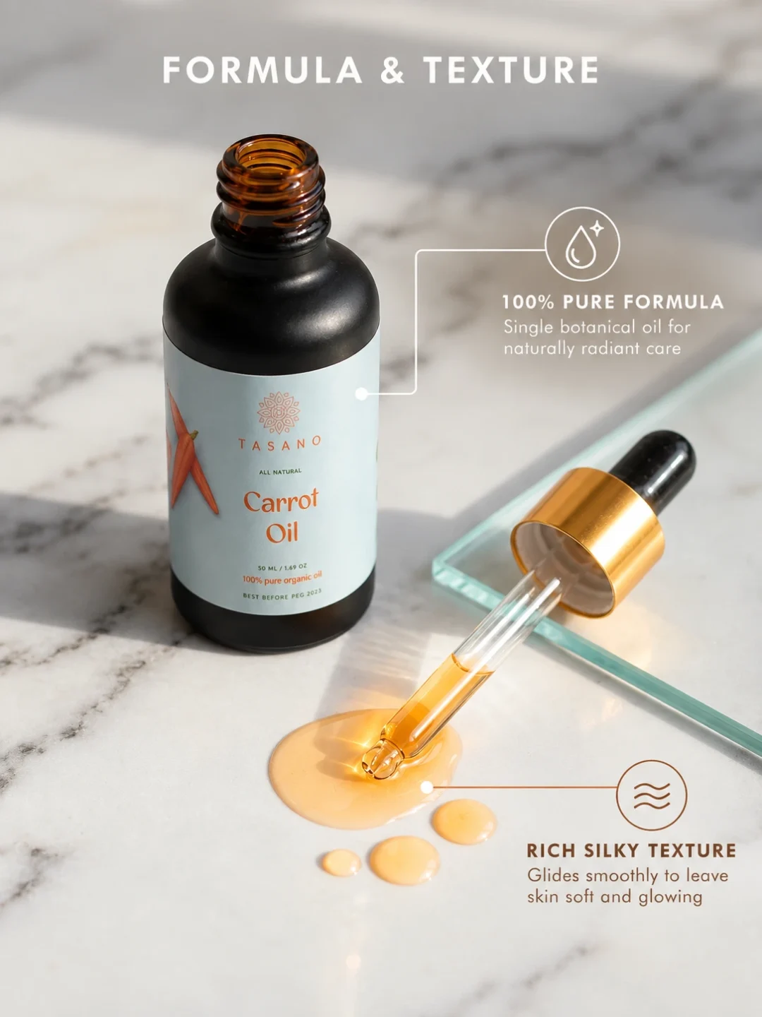 Pure Carrot Oil formula with lightweight silky texture for face, body, dry skin and hair conditioning Pure Carrot Oil formula with lightweight silky texture for face, body, dry skin and hair conditioning