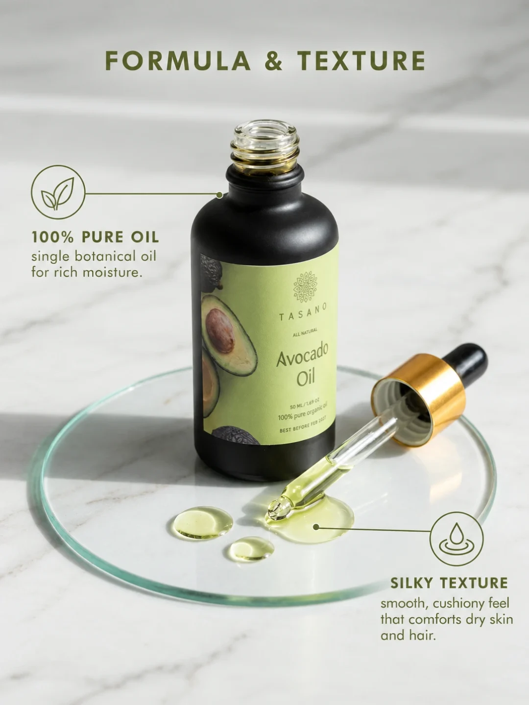 Pure Avocado Oil formula with rich silky texture for dry skin, body moisturizing and intensive hair conditioning Pure Avocado Oil formula with rich silky texture for dry skin, body moisturizing and intensive hair conditioning