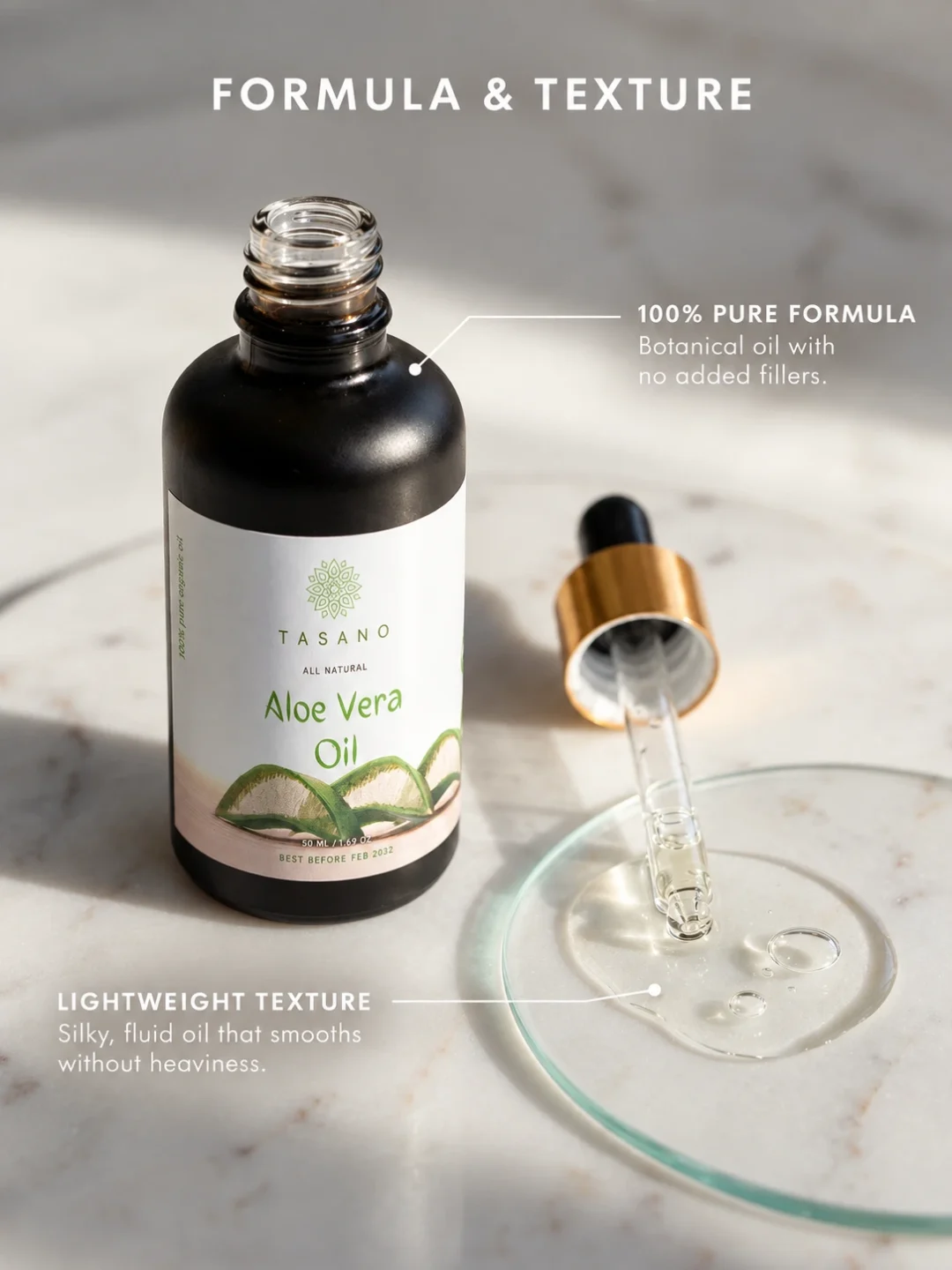 Pure Aloe Vera Oil formula with light silky texture for moisturizing face, body, scalp and dry hair