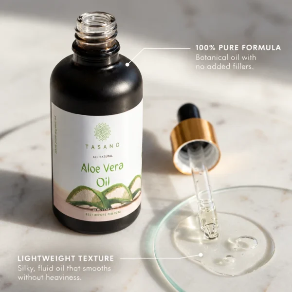 Pure Aloe Vera Oil formula with light silky texture for moisturizing face, body, scalp and dry hair