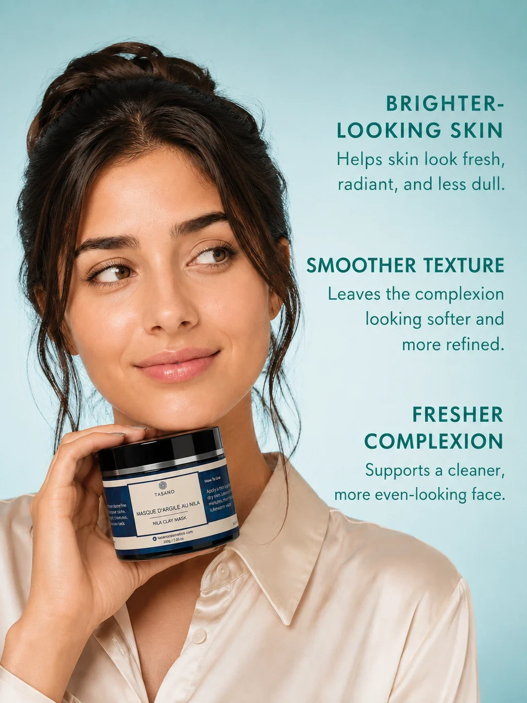 TASANO Nila Clay Mask held by Moroccan model with radiant even looking skin