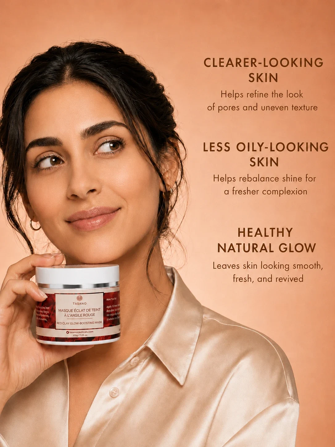 TASANO Red Clay Mask held by Moroccan model with clear fresh radiant skin