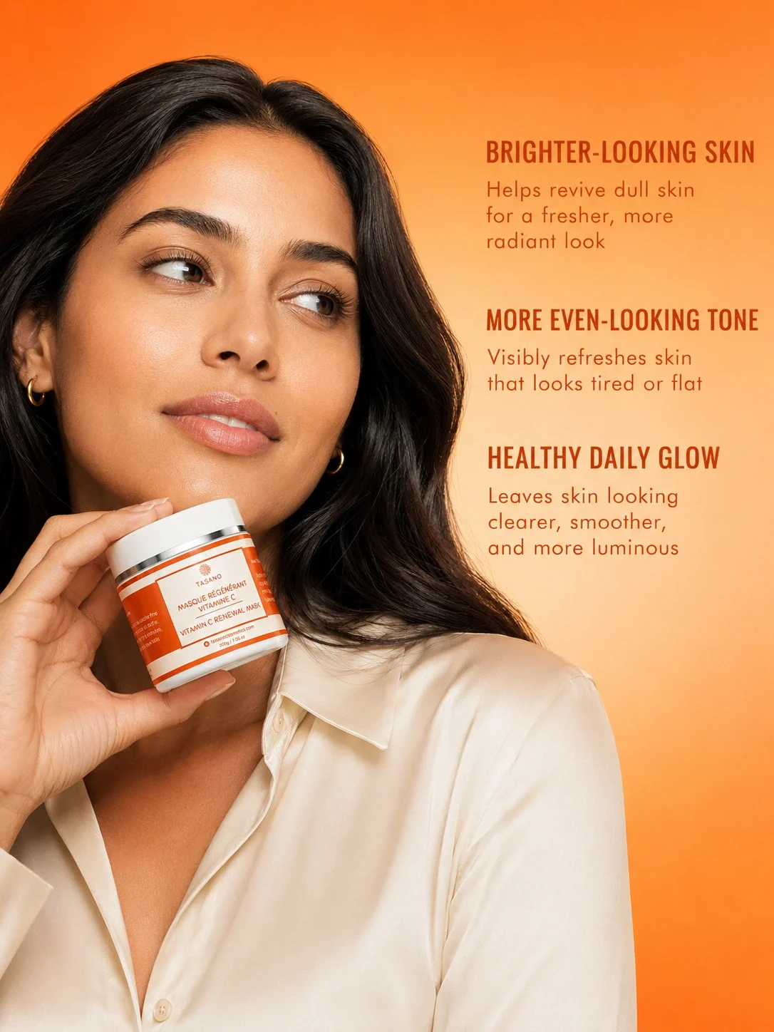 TASANO Vitamin C Mask held by Moroccan model with bright healthy radiant skin