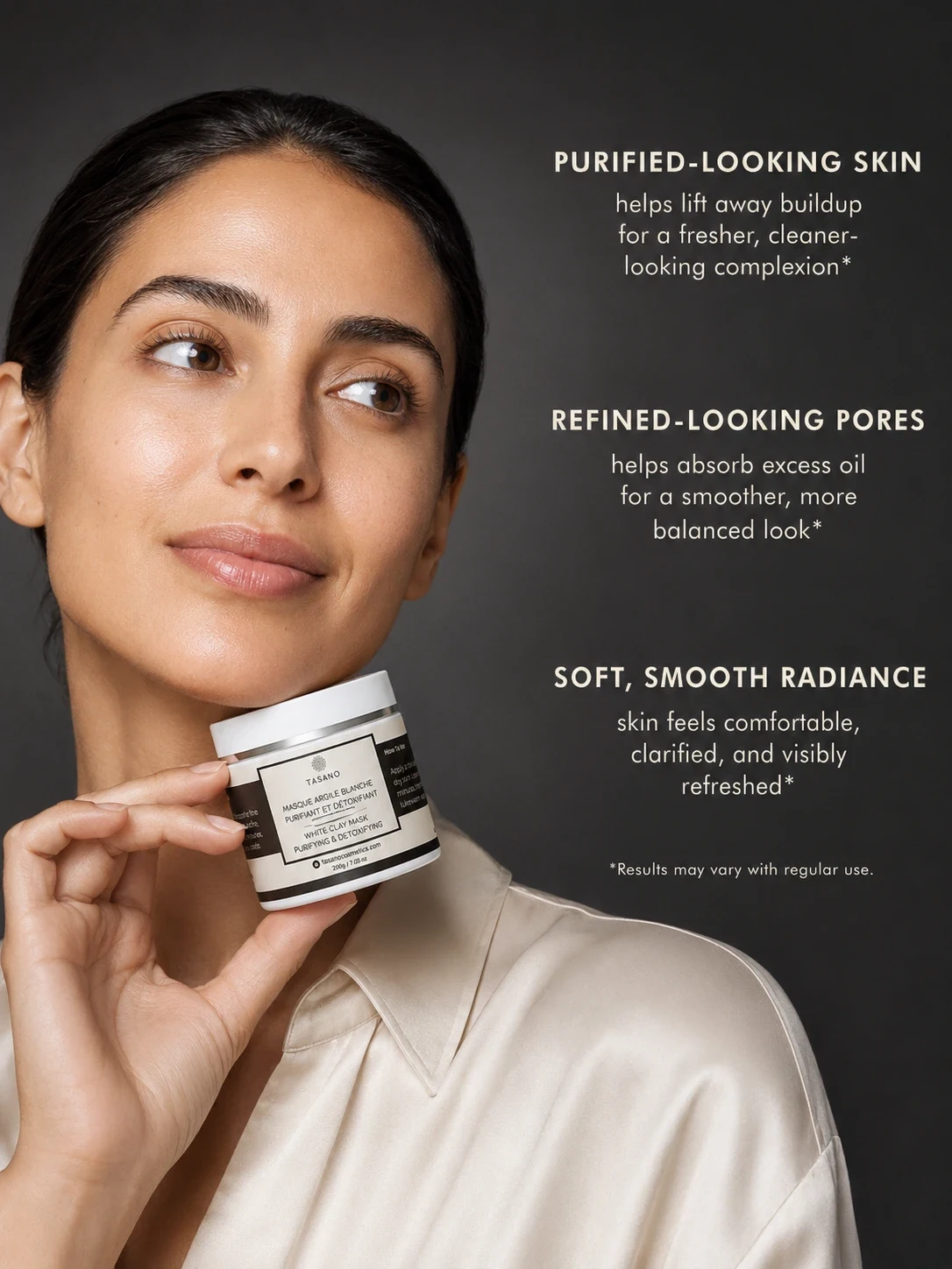 TASANO White Clay Mask held by Moroccan model with clear radiant smooth skin
