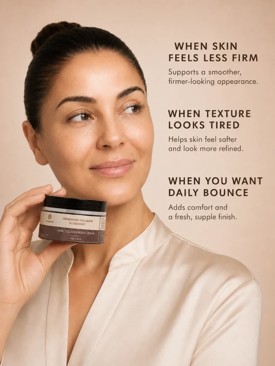 Snail cream for fine lines, wrinkles, tired skin, loss of firmness, and smoother skin texture