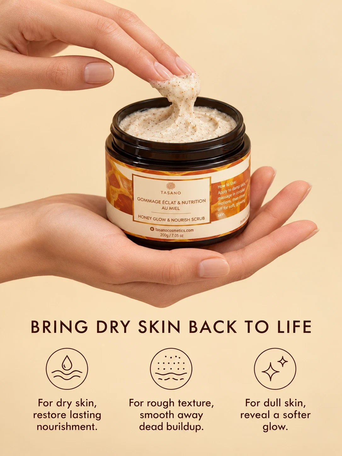 Honey body scrub for dry rough skin, dull skin and dehydrated-looking skin