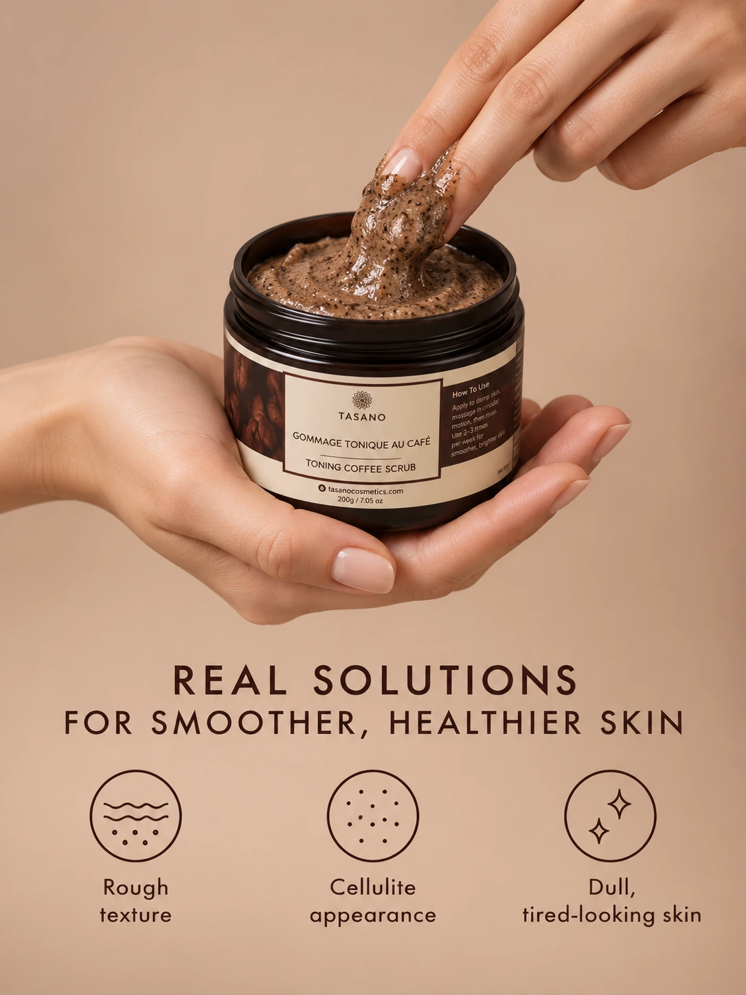 Coffee scrub for cellulite appearance, rough skin and loss of firmness, Moroccan body exfoliator