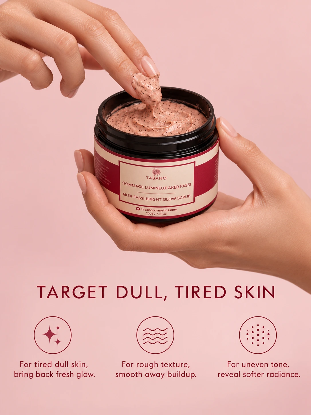 Aker Fassi scrub for dull tired skin, rough texture and lack of radiance, Moroccan body exfoliator