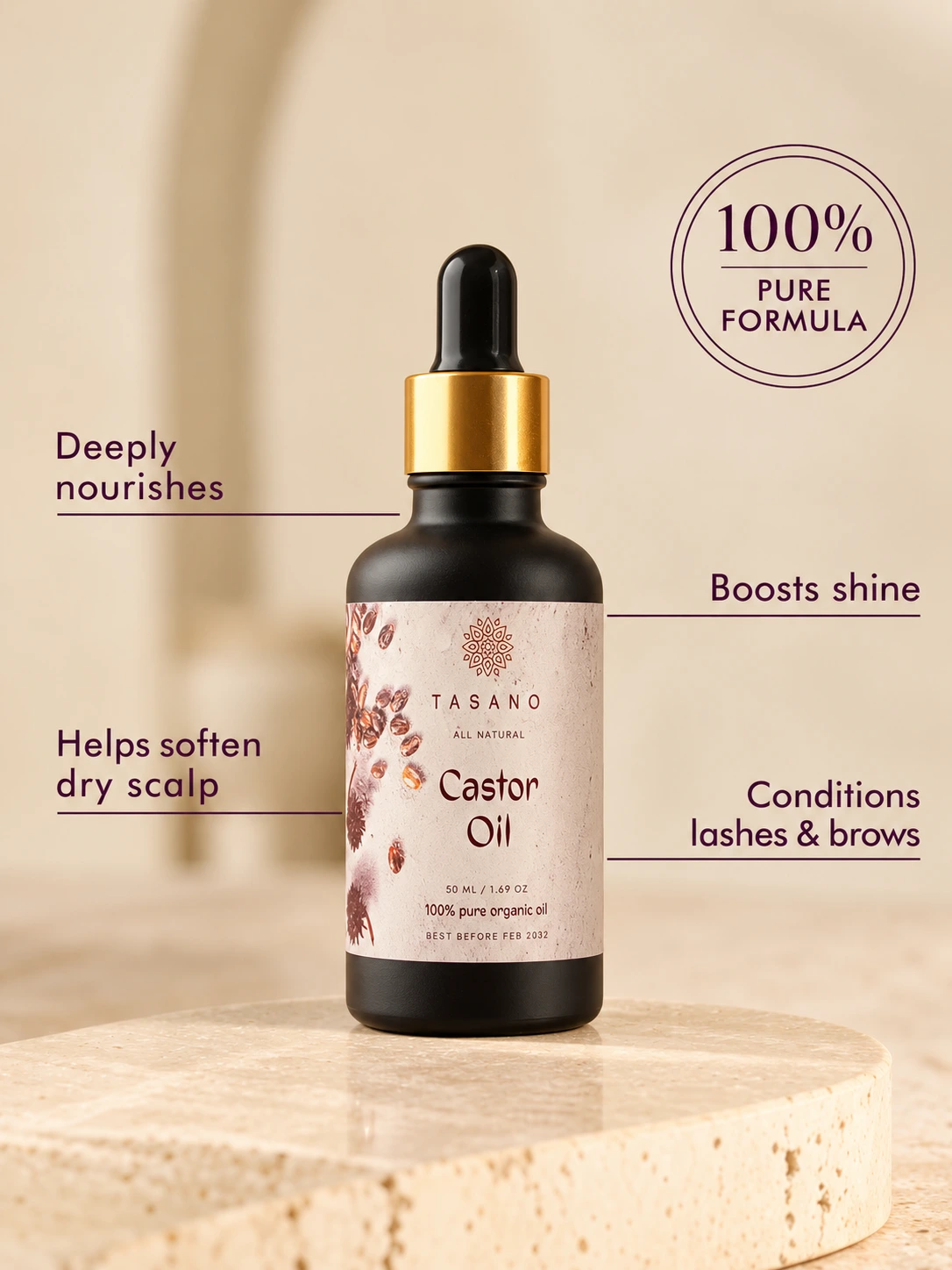 Pure Castor Oil for stronger-looking hair, lashes and brows, deeply conditioning oil for dry hair and scalp care