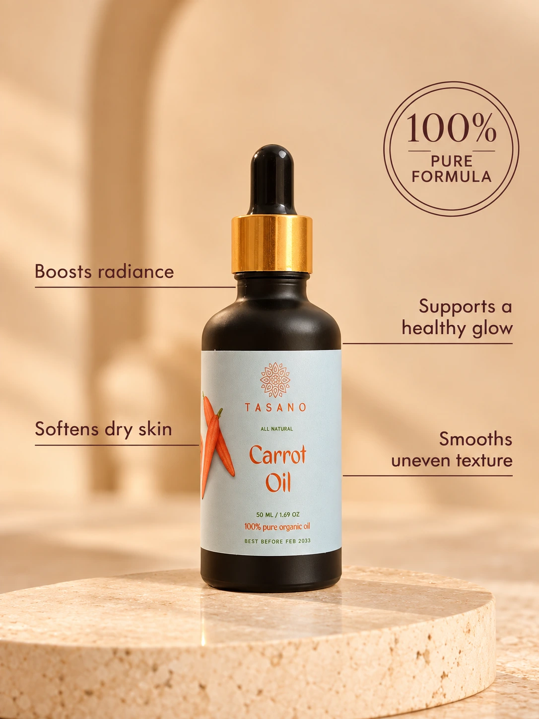 Pure Carrot Oil for glowing skin, hydration and hair conditioning, natural face and body oil for daily beauty care