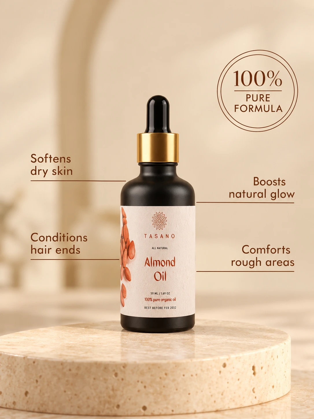 Pure Sweet Almond Oil for skin and hair, moisturizing body oil for softness, smoothness and dry skin care