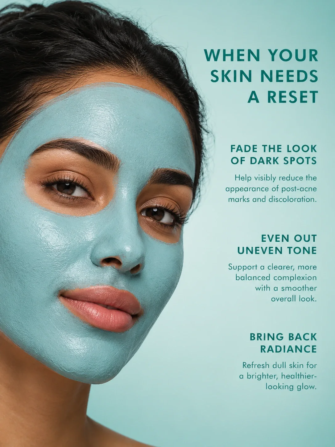 Moroccan model wearing TASANO Nila Clay Mask for dark spots and uneven tone care