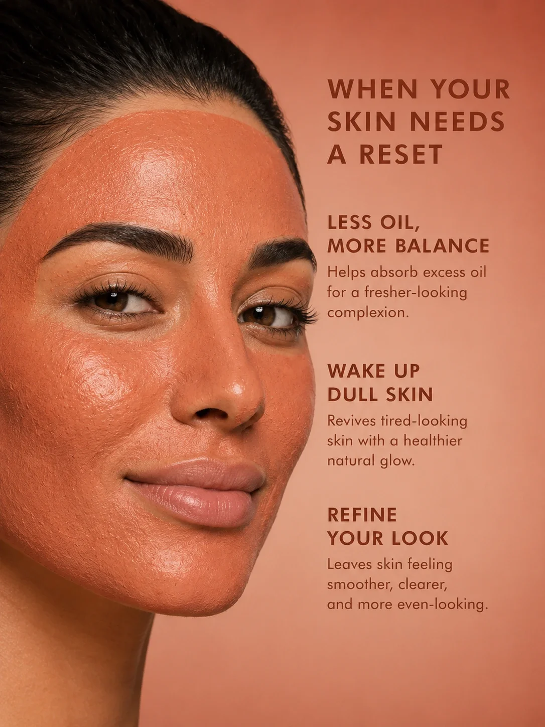 Moroccan model wearing TASANO Red Clay Mask for oily dull and tired skin