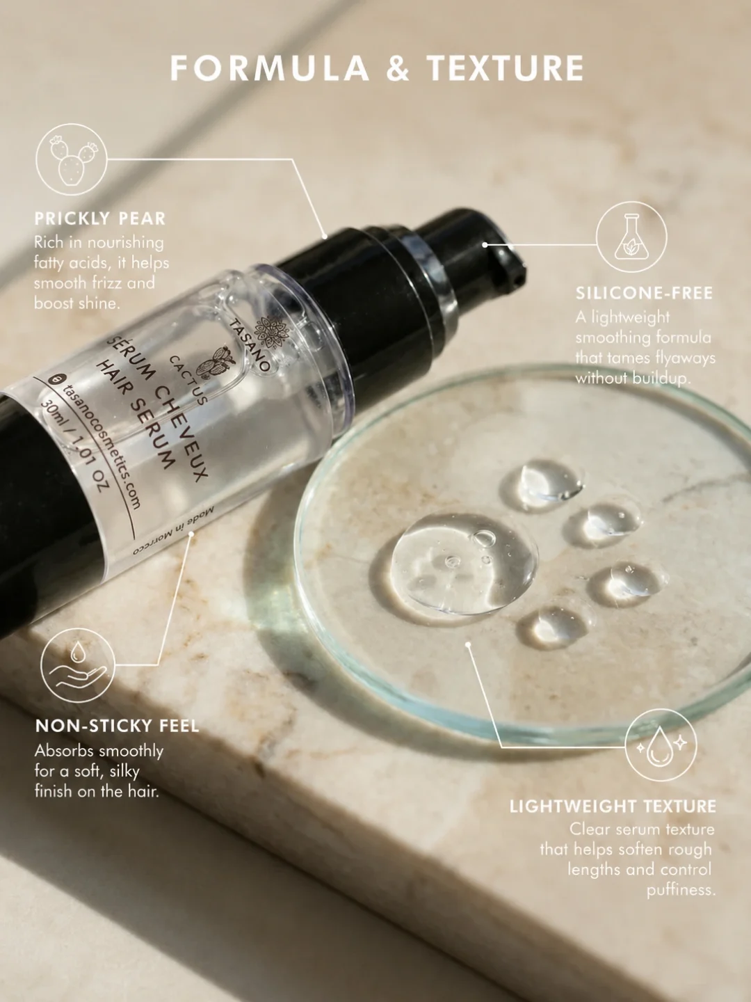 Prickly pear hair serum texture for lightweight smoothing