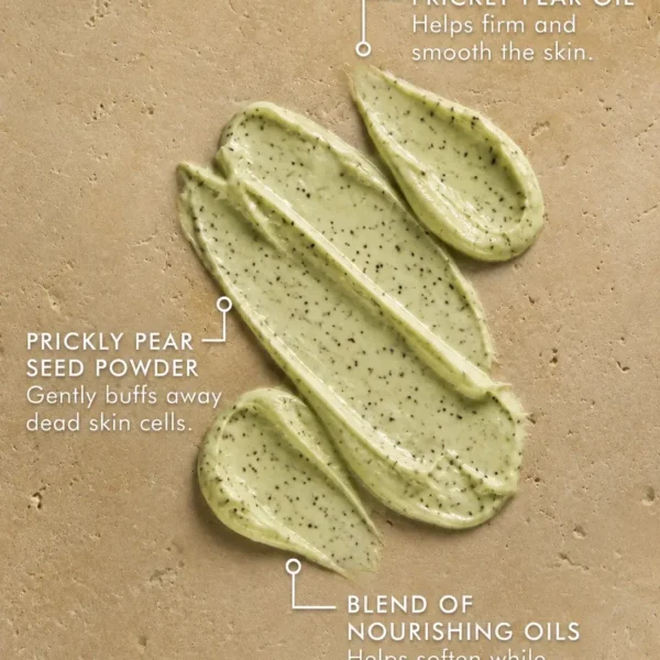 Prickly pear scrub ingredients and creamy exfoliating texture for firming and smoothing mature skin