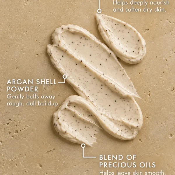 Argan scrub ingredients and creamy exfoliating texture for dry skin, hydration and nourishment Argan scrub ingredients and creamy exfoliating texture for dry skin, hydration and nourishment