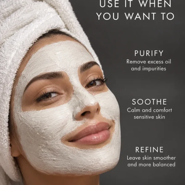 White Clay face mask for soft smooth skin, gentle oil absorption and refreshed complexion White Clay face mask for soft smooth skin, gentle oil absorption and refreshed complexion