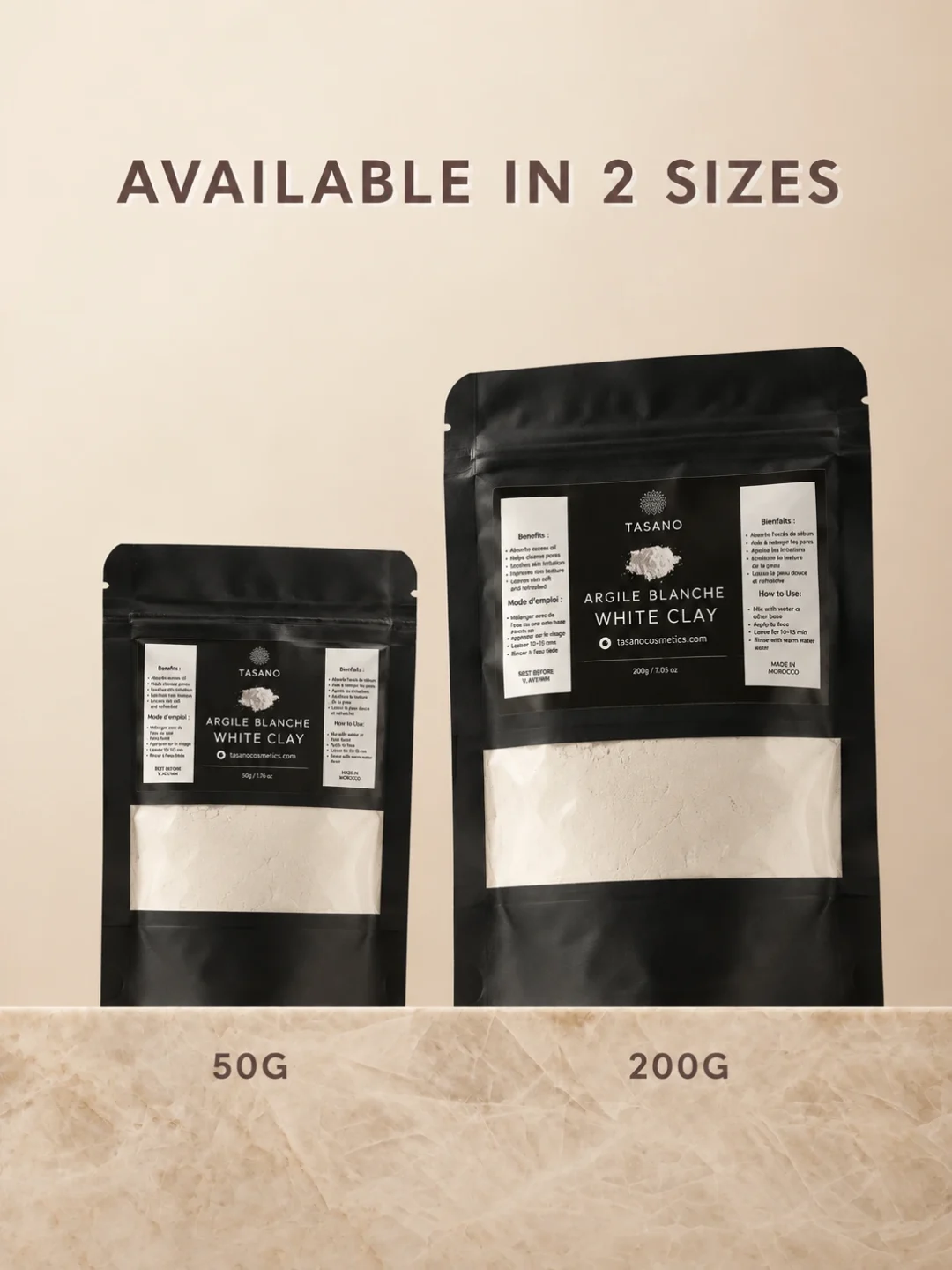 TASANO Moroccan White Clay Mask 50g and 200g kaolin clay powder sizes for face skincare TASANO Moroccan White Clay Mask 50g and 200g kaolin clay powder sizes for face skincare