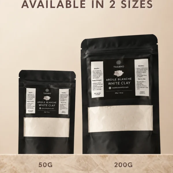 TASANO Moroccan White Clay Mask 50g and 200g kaolin clay powder sizes for face skincare TASANO Moroccan White Clay Mask 50g and 200g kaolin clay powder sizes for face skincare