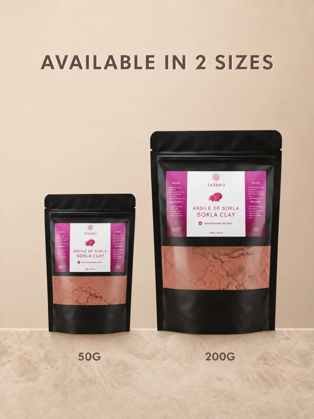 TASANO Moroccan Sokla powder 50g and 200g body exfoliator sizes for traditional hammam skincare TASANO Moroccan Sokla powder 50g and 200g body exfoliator sizes for traditional hammam skincare