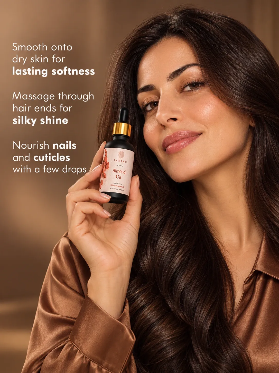 Sweet Almond Oil for face, body massage and hair care, versatile natural oil for moisturizing skin and conditioning hair